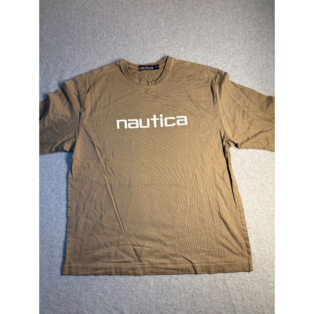 Nautica Tee Shirts Mens Large Khaki Short Casual Sleeve Round Neck Pullover Logo